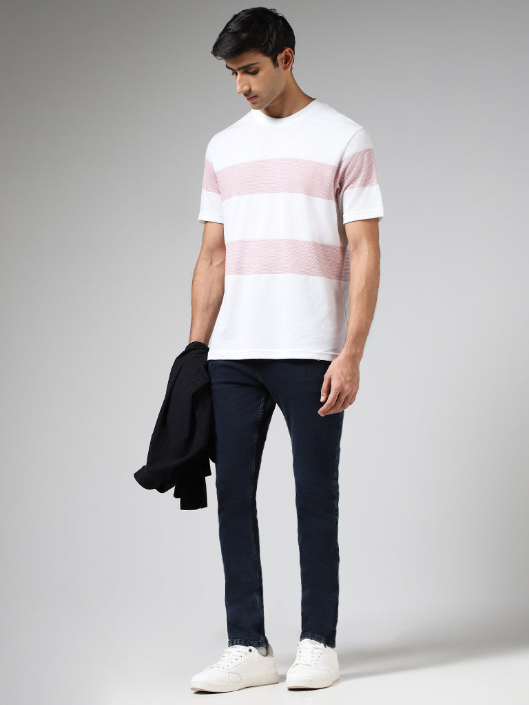 WES Lounge White & Pink Striped Cotton Blend Relaxed-Fit T-Shirt