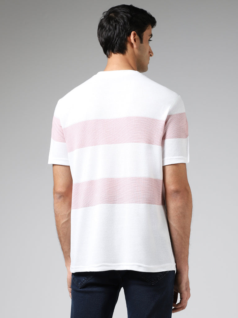 WES Lounge White & Pink Striped Cotton Blend Relaxed-Fit T-Shirt