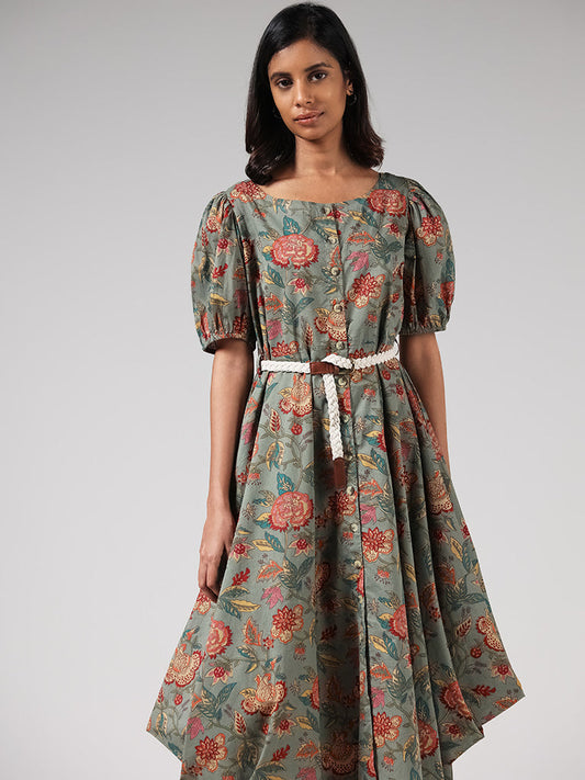 Bombay Paisley Green Floral Cotton Dress and Braided Belt Set