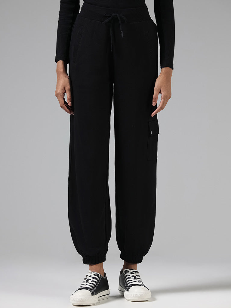 Studiofit Solid Black Relaxed-Fit Mid-Rise Cargo Joggers