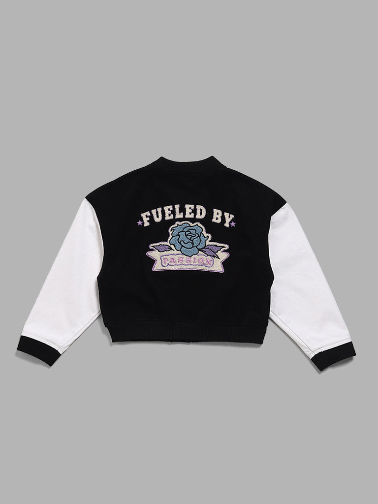 Y&F Kids Black Typographic Embroidered Jacket