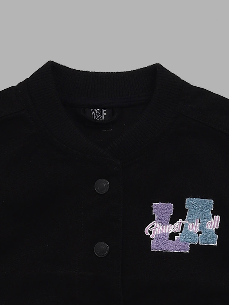 Y&F Kids Black Typographic Embroidered Jacket