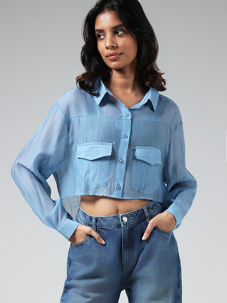 Nuon Solid Blue Crop Shirt