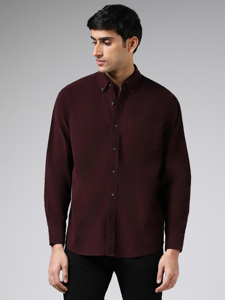 WES Casuals Wine Slim-Fit Corduroy Shirt