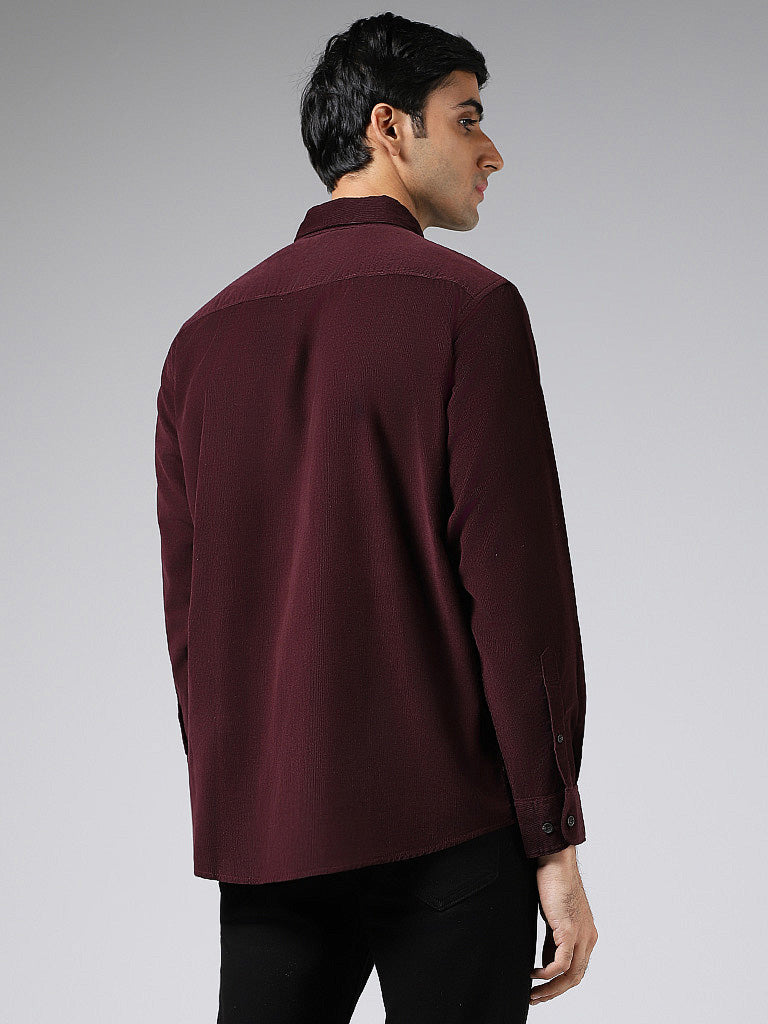 WES Casuals Wine Slim-Fit Corduroy Shirt