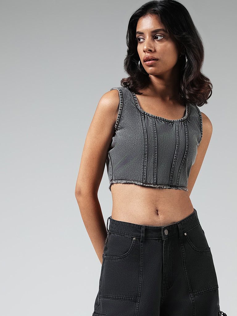 Nuon Solid Grey Denim Crop Top