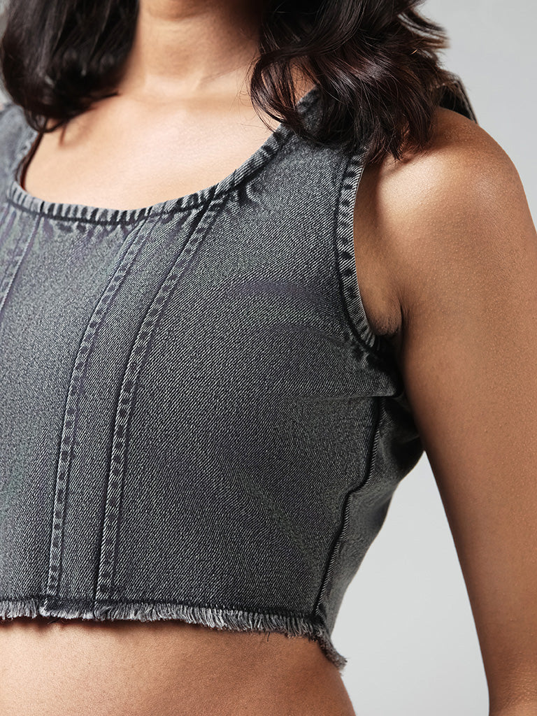 Nuon Solid Grey Denim Crop Top