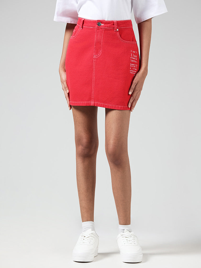 Nuon Red Typographic Denim Skirt