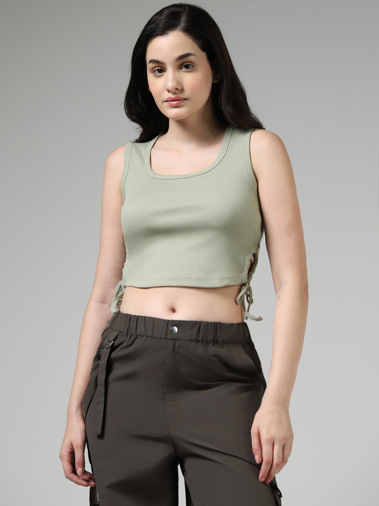 Nuon Sage Green Side Cotton Tie-Up Crop T-Shirt