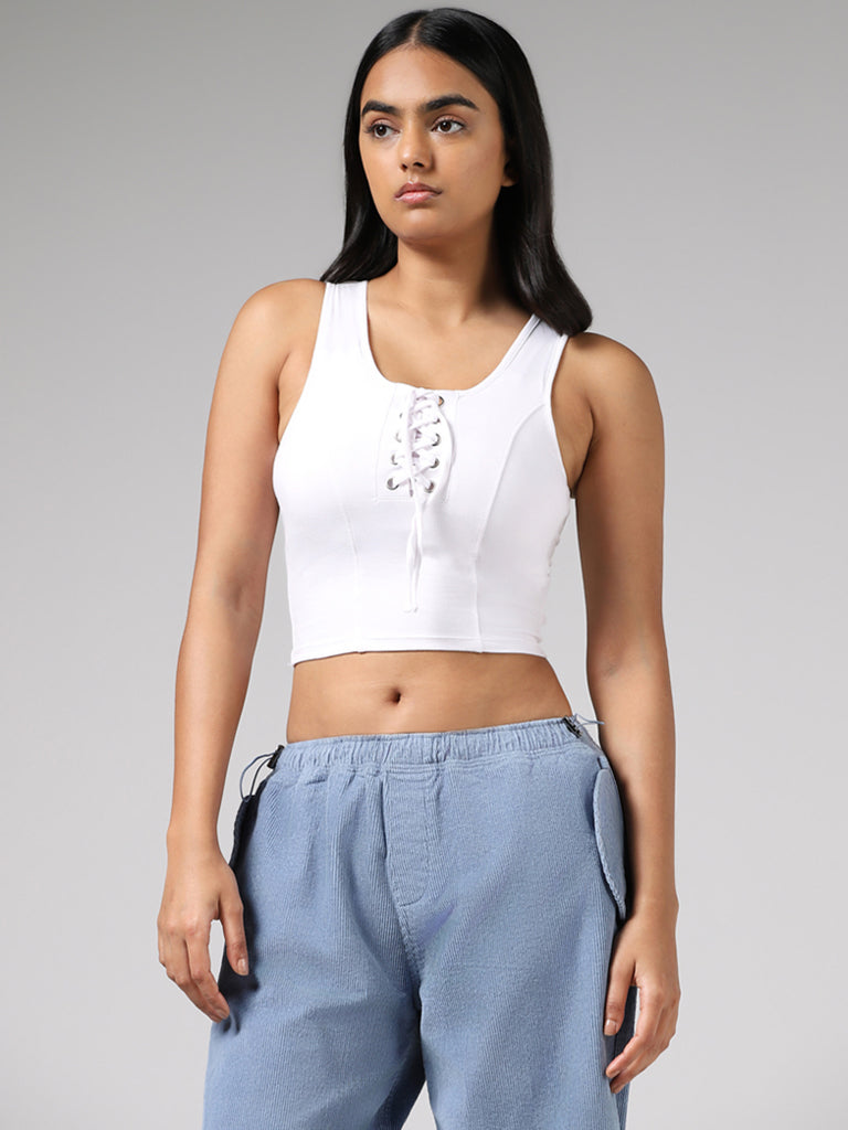 Nuon White Lace-Up Sleeveless Cotton Crop T-Shirt