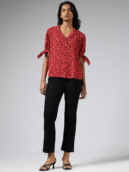 LOV Red Ditsy Floral Printed Tie-Up Shirt