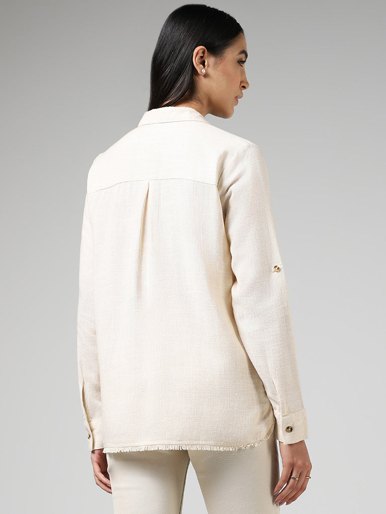 LOV Beige Fringe Pocket Blended Linen Shirt