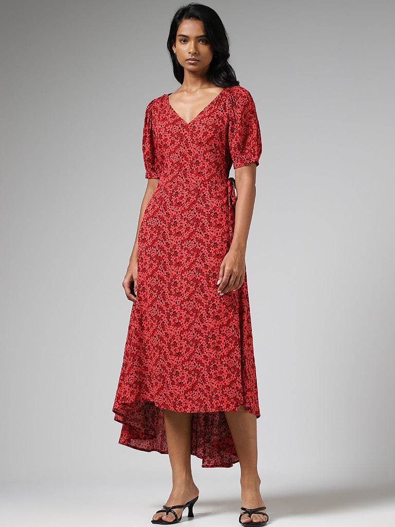 LOV Red Ditsy Floral Printed Tie-Up Dress