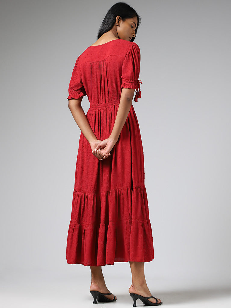 LOV Red Self-Patterned Tiered Dress