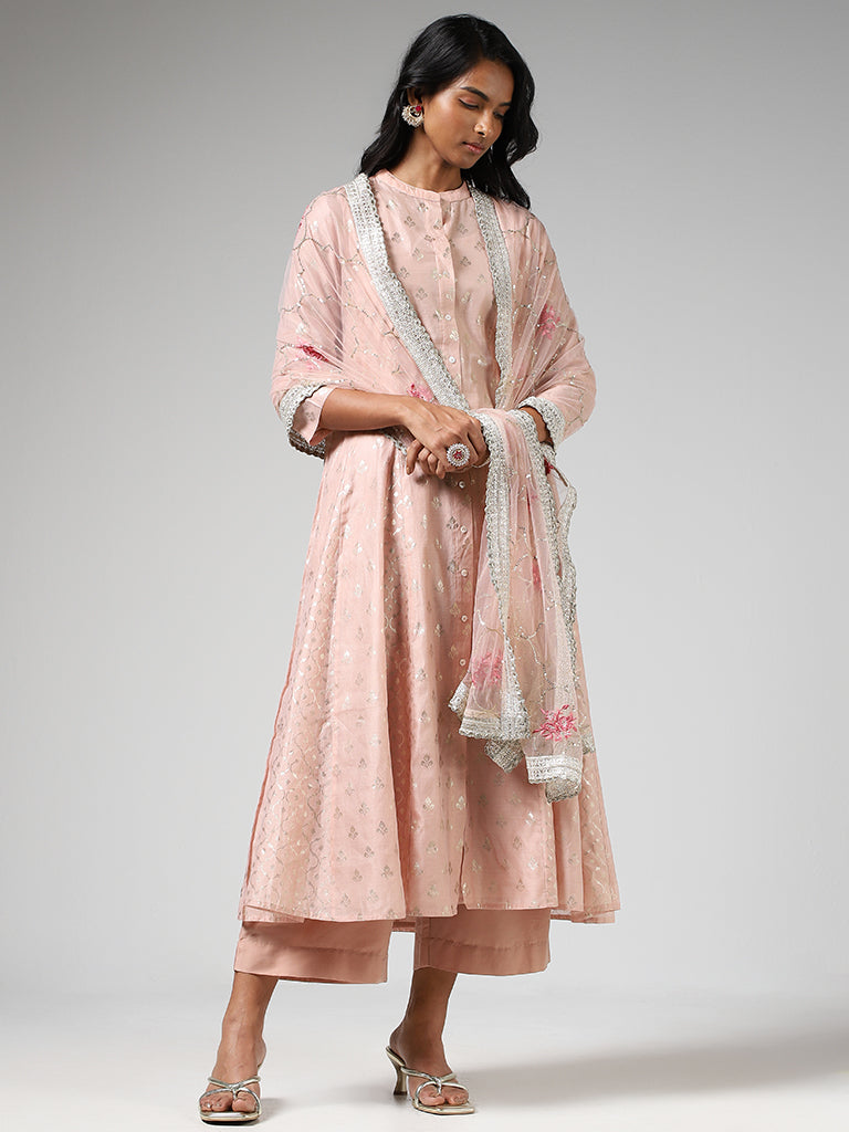 Vark Pink Floral Cotton Kurta, Inner, Palazzos and Dupatta Set