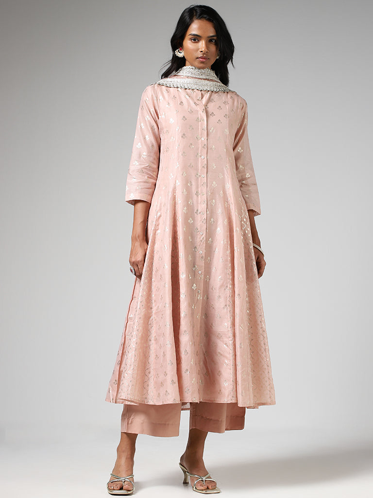 Vark Pink Floral Cotton Kurta, Inner, Palazzos and Dupatta Set