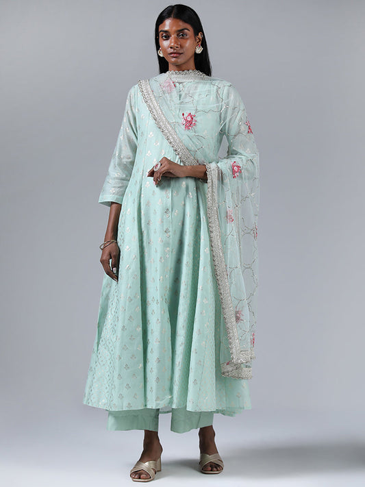 Vark Turquoise Anarkali Kurta, Inner, Palazzos & Dupatta