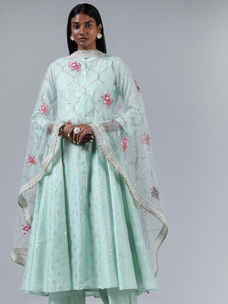 Vark Turquoise Anarkali Kurta, Inner, Palazzos & Dupatta