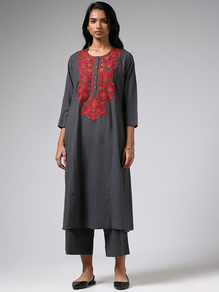 Utsa Charcoal Grey Paisley Floral Embroidered Cotton A-Line Kurta