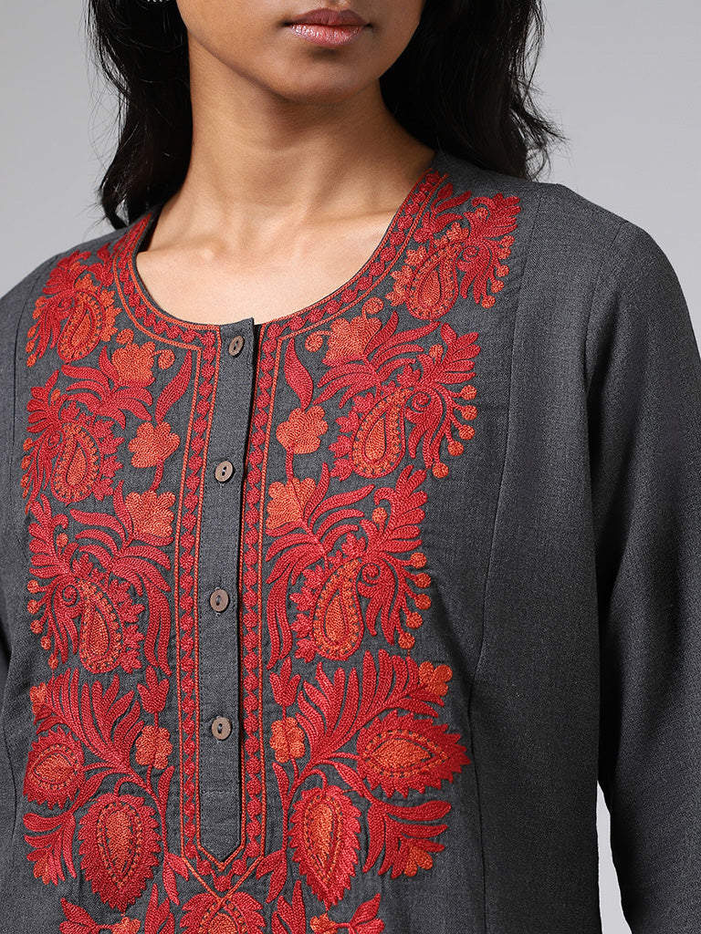 Utsa Charcoal Grey Paisley Floral Embroidered Cotton A-Line Kurta