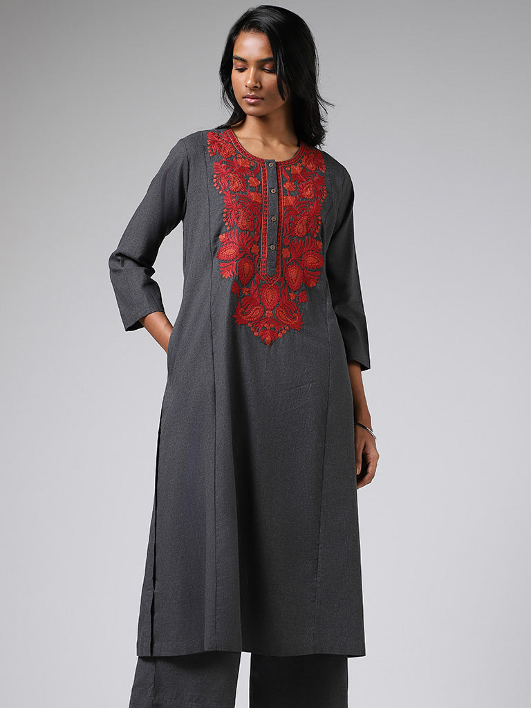 Utsa Charcoal Grey Paisley Floral Embroidered Cotton A-Line Kurta