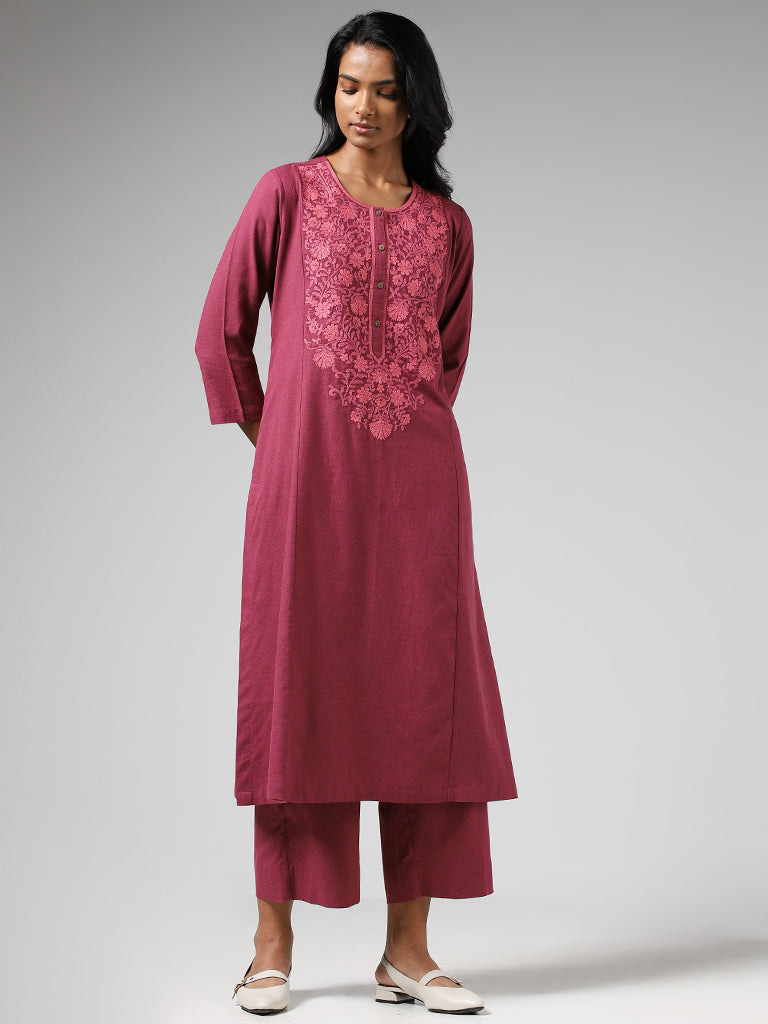 Utsa Magenta Floral Embroidered Cotton A-Line Kurta