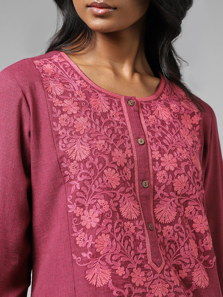 Utsa Magenta Floral Embroidered Cotton A-Line Kurta