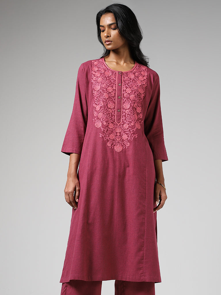 Utsa Magenta Floral Embroidered Cotton A-Line Kurta