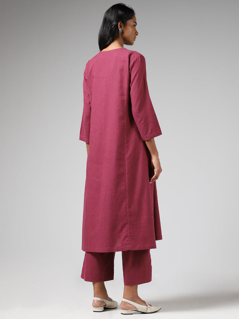 Utsa Magenta Floral Embroidered Cotton A-Line Kurta