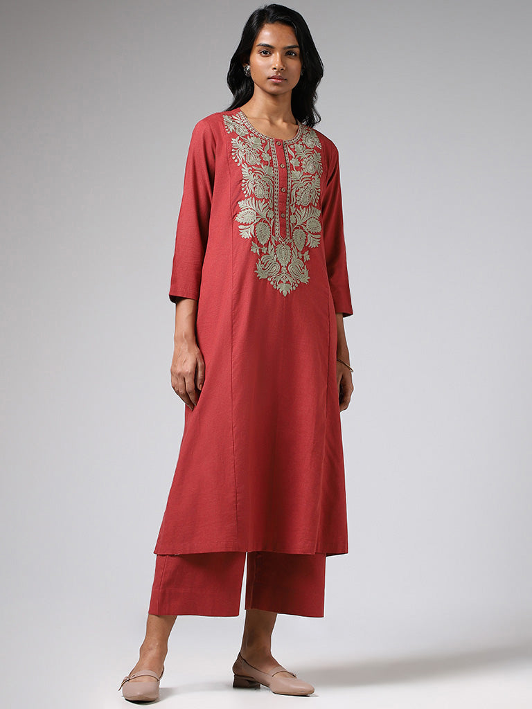 Utsa Brick Red Paisley Floral Embroidered Cotton A-Line Kurta