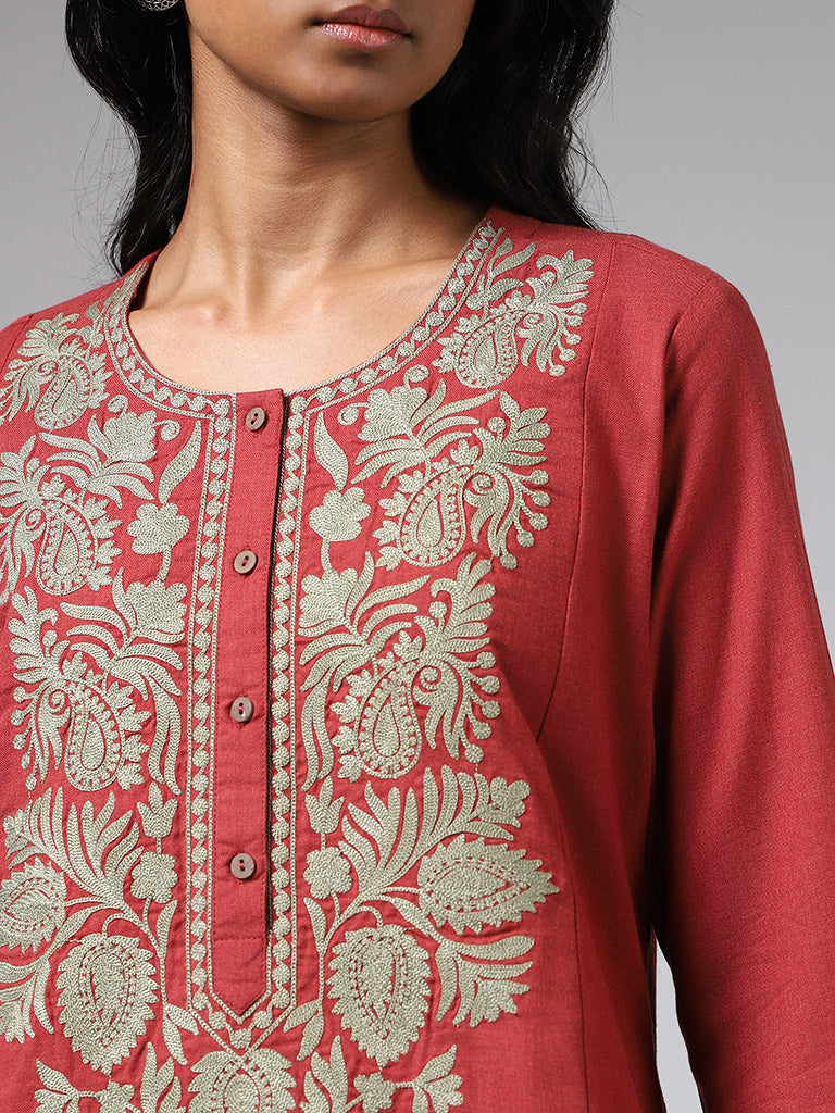 Utsa Brick Red Paisley Floral Embroidered Cotton A-Line Kurta