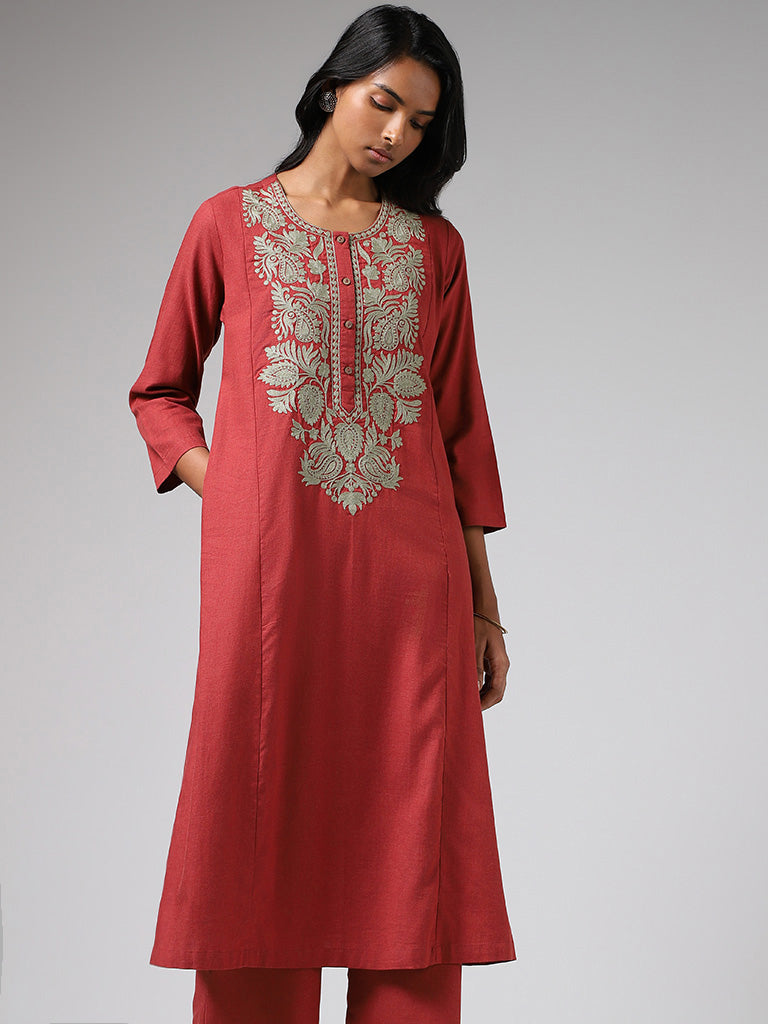 Utsa Brick Red Paisley Floral Embroidered Cotton A-Line Kurta