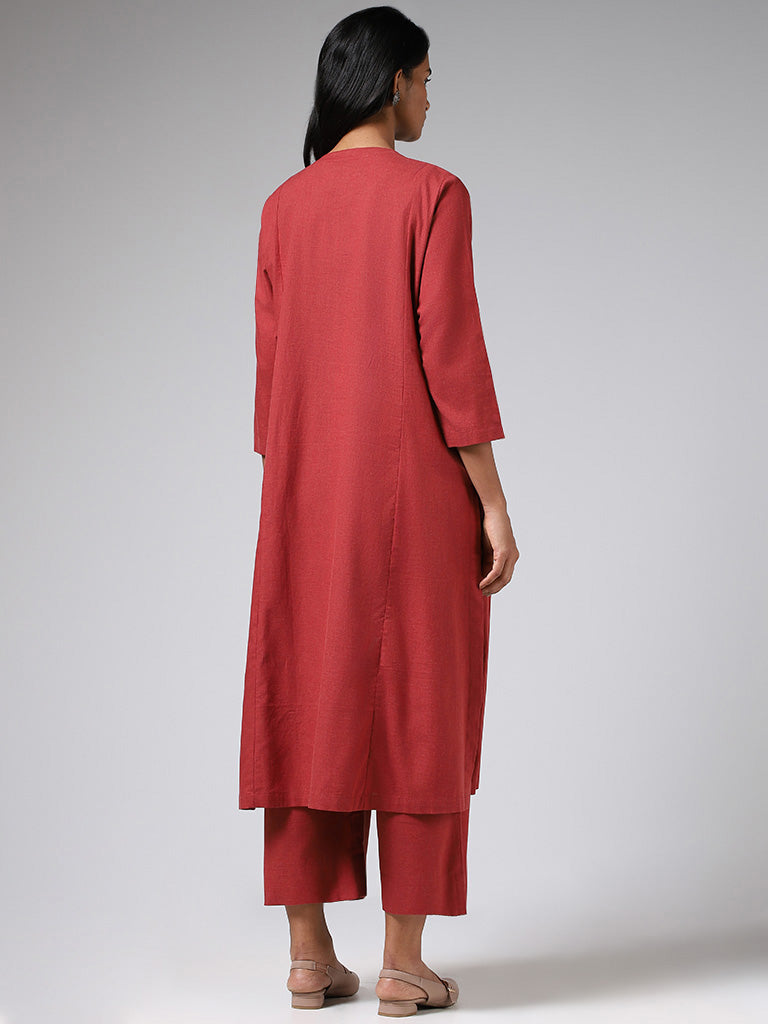 Utsa Brick Red Paisley Floral Embroidered Cotton A-Line Kurta