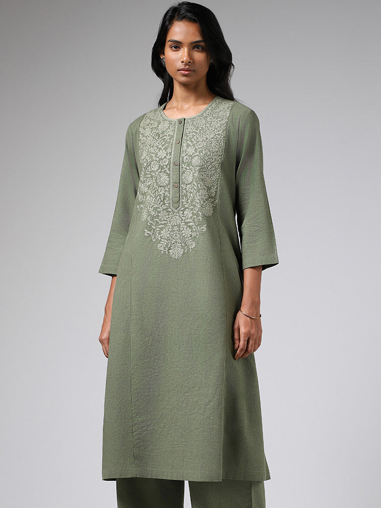 Utsa Olive Paisley Floral Embroidered Cotton A-Line Kurta