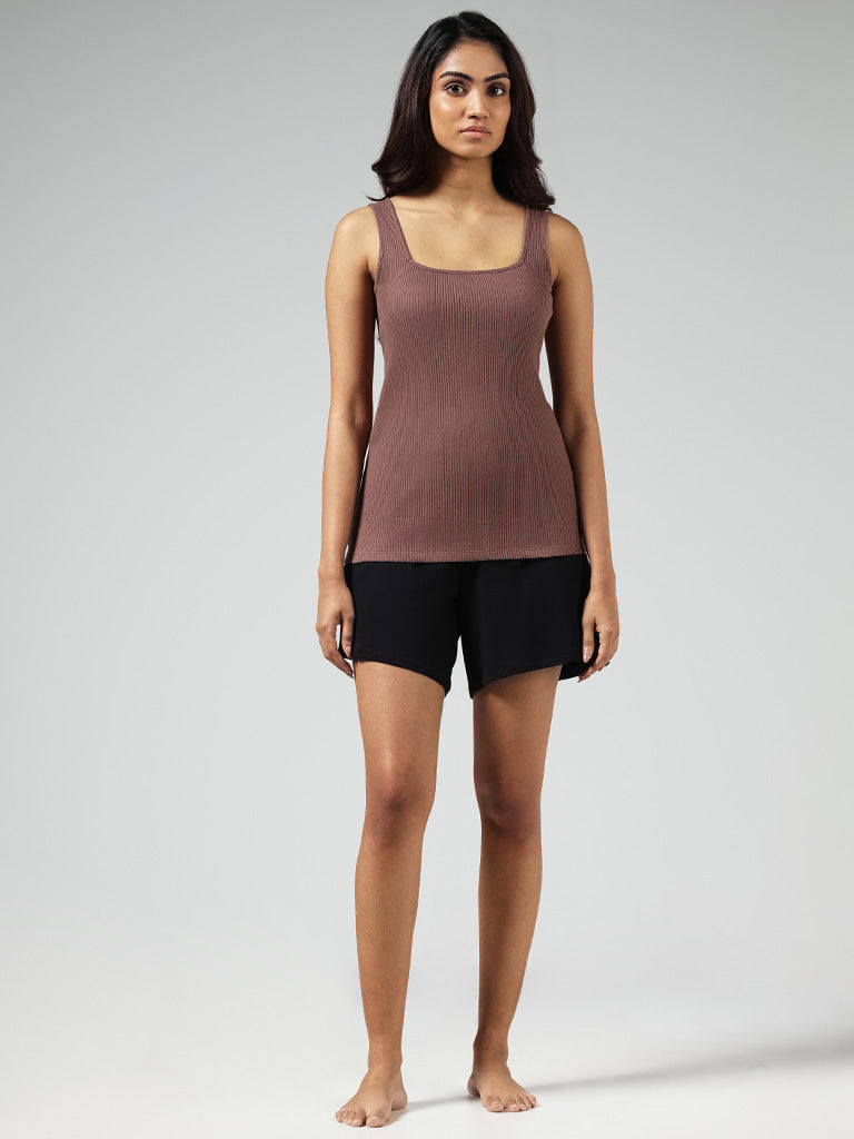 Wunderlove Brown Cotton Blend Ribbed Camisole