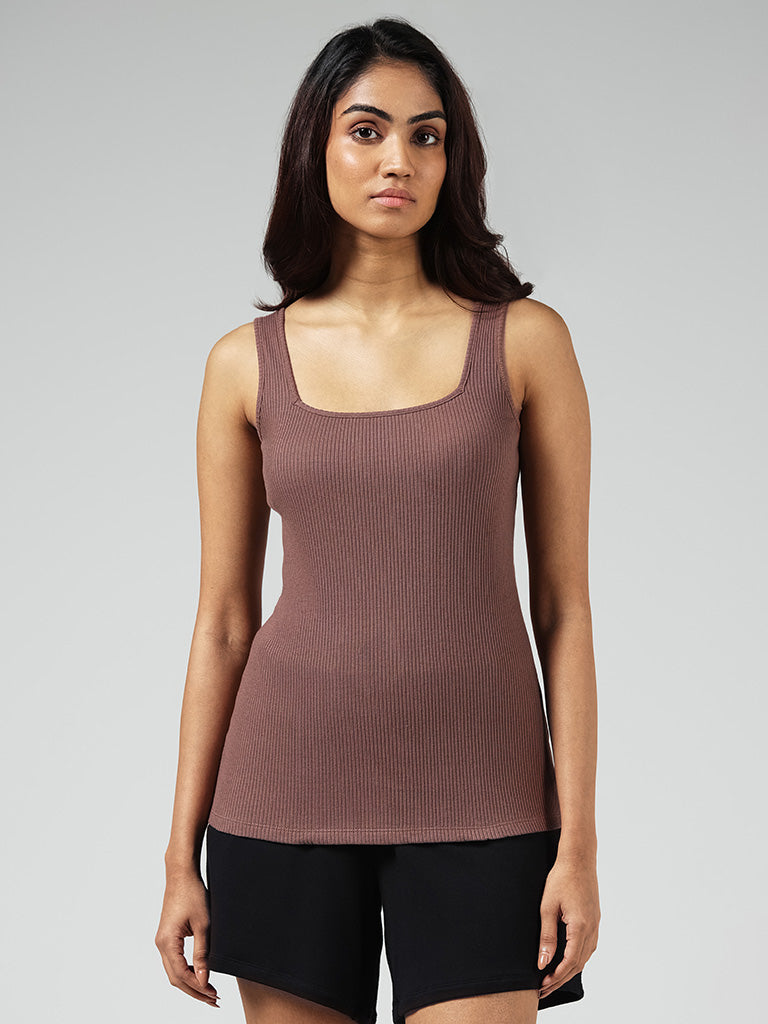 Wunderlove Brown Cotton Blend Ribbed Camisole