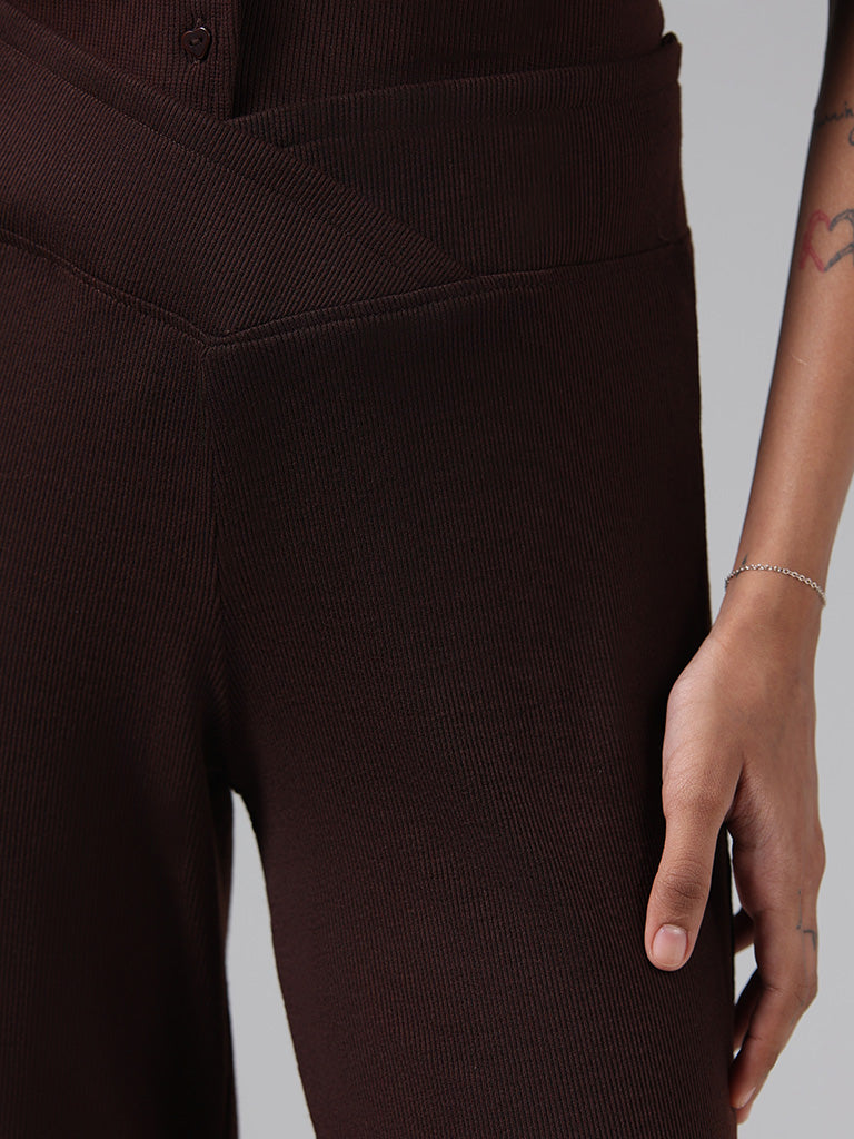 Superstar Solid Dark Brown Cross Waistband Trousers