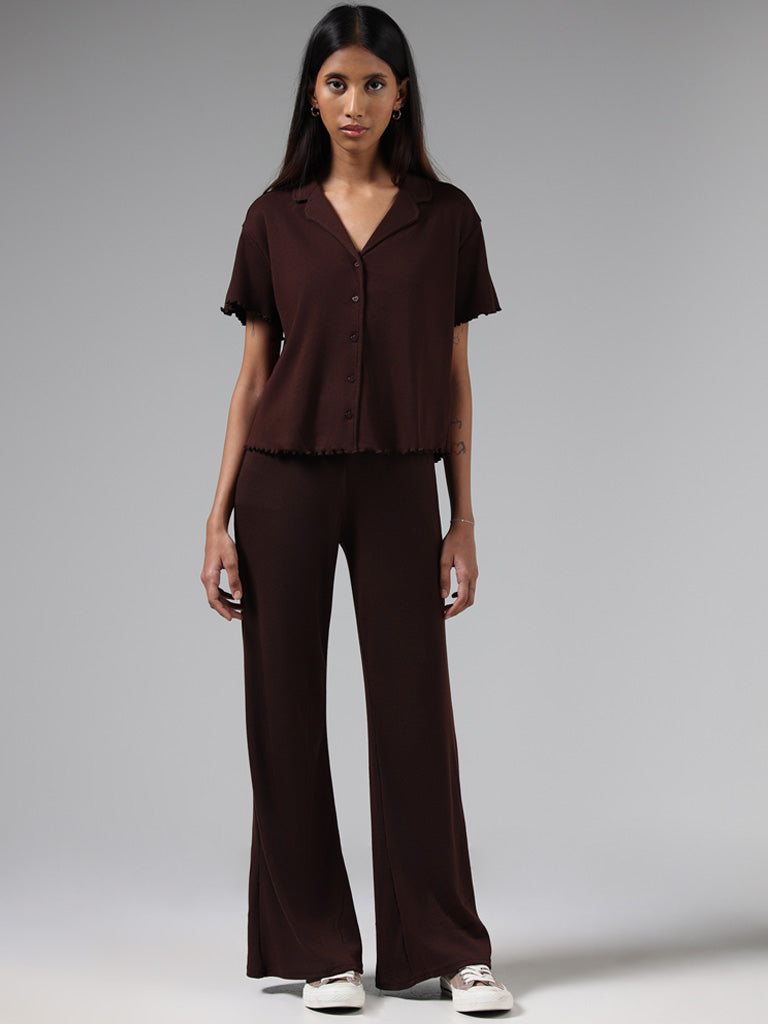 Superstar Dark Brown Ribbed Button Down Top