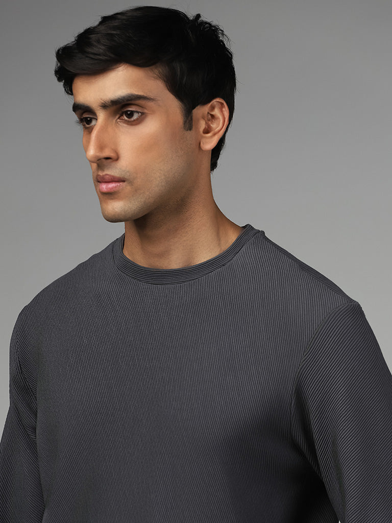 Ascot Dark Grey Self Striped Cotton Blend Relaxed-Fit Sweatshirt