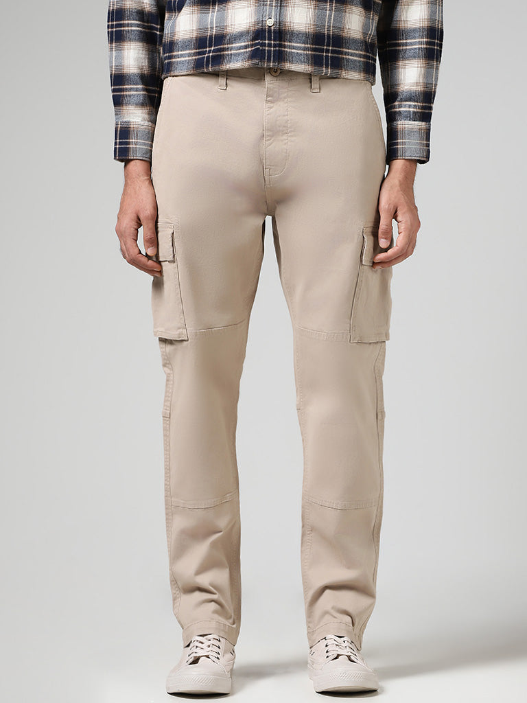 WES Casuals Solid Beige Cotton Blend Relaxed-Fit Mid-Rise Cargo Pants