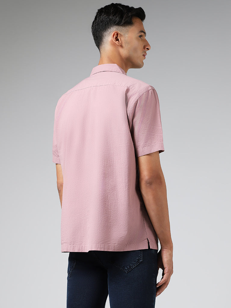 WES Casuals Solid Pink Cotton Relaxed-Fit Crinkled Shirt