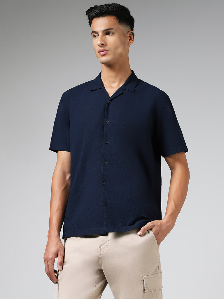 WES Casuals Solid Navy Cotton Relaxed-Fit Crinkled Shirt