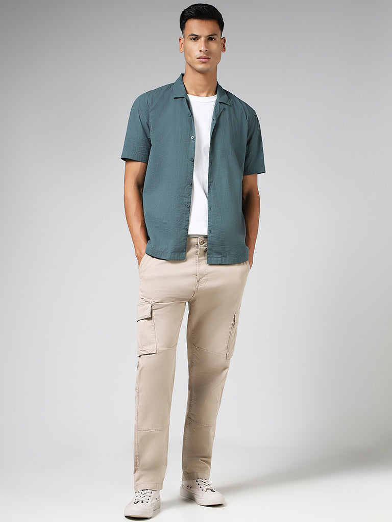 WES Casuals Solid Teal Cotton Relaxed-Fit Crinkled Shirt