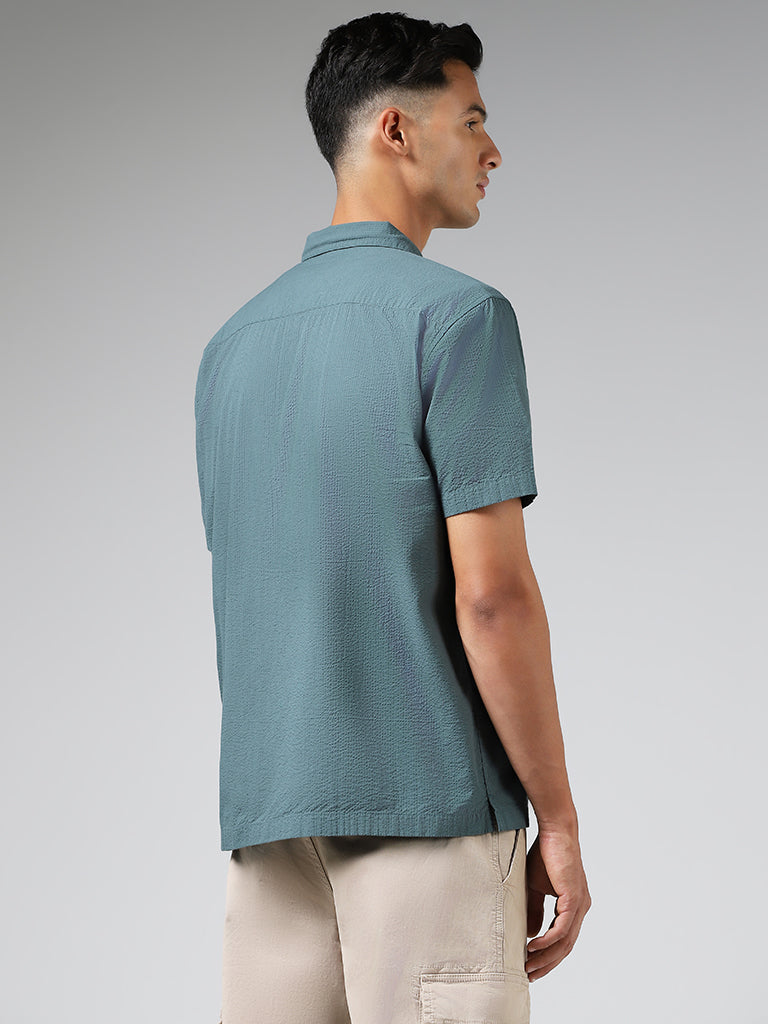 WES Casuals Solid Teal Cotton Relaxed-Fit Crinkled Shirt