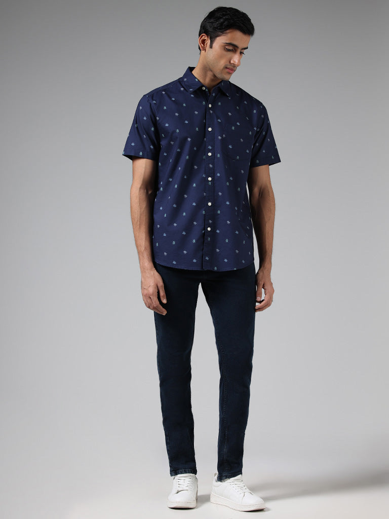 WES Casuals Navy Leaf Printed Cotton Relaxed-Fit Shirt