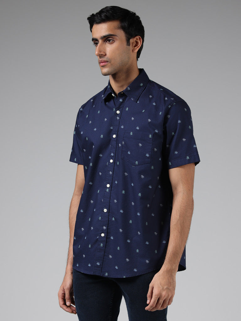 WES Casuals Navy Leaf Printed Cotton Relaxed-Fit Shirt