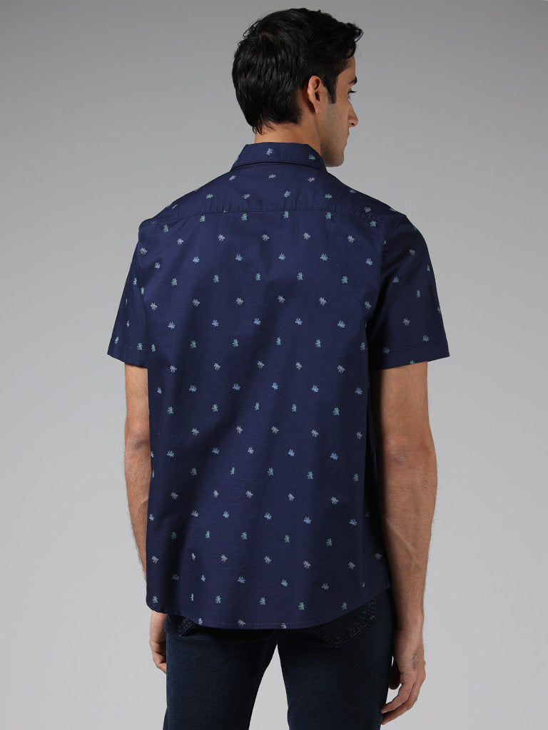 WES Casuals Navy Leaf Printed Cotton Relaxed-Fit Shirt