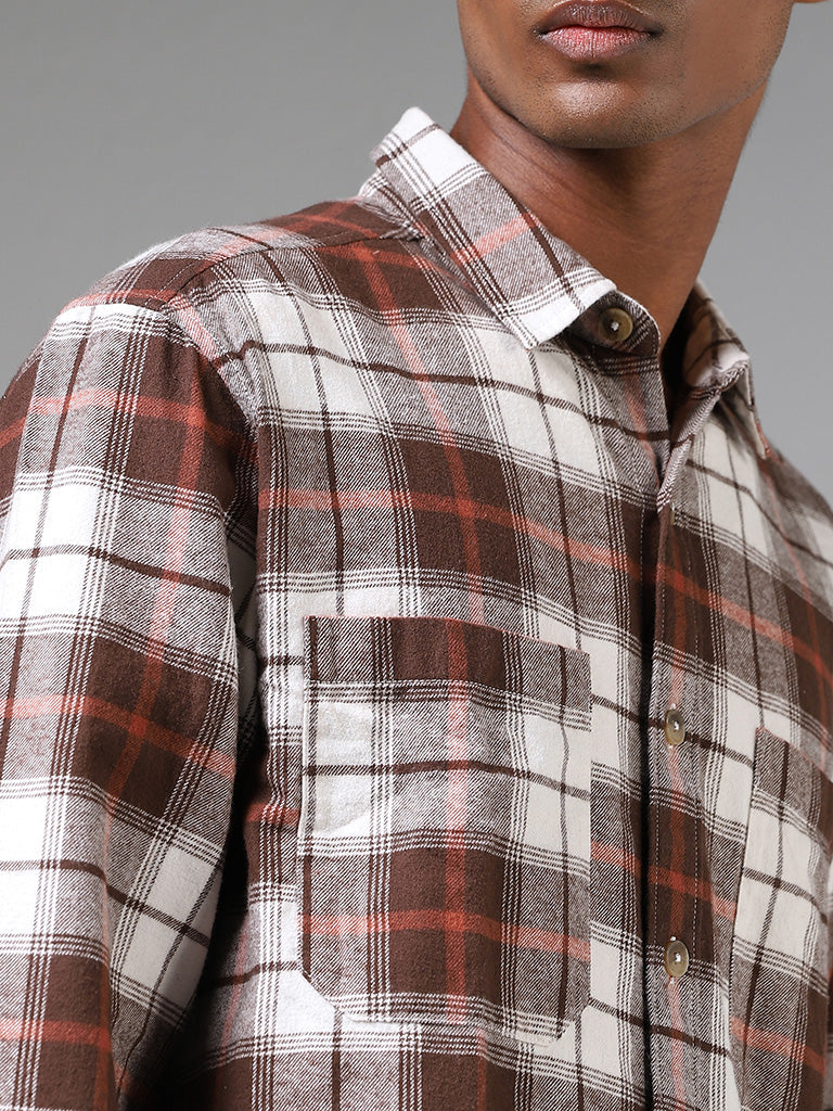 Nuon Dark Brown Plaid Checked Cotton Relaxed-Fit Shirt