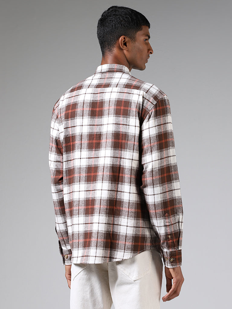 Nuon Dark Brown Plaid Checked Cotton Relaxed-Fit Shirt