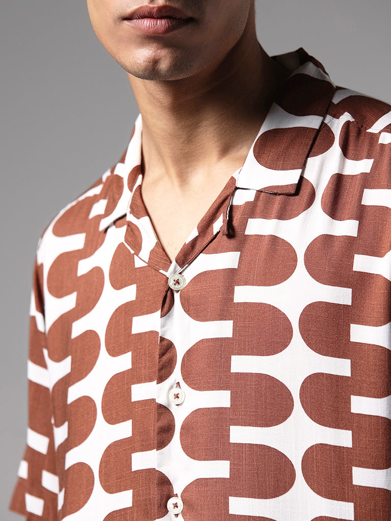 Nuon Brown Motif Printed Relaxed-Fit Shirt